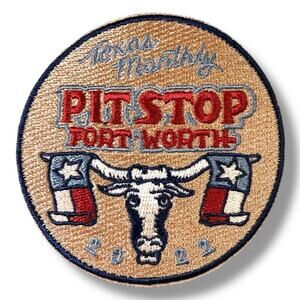 Texas Monthly Pit Stop Embroidered Patch Iron On Long Horn 3 in x 3 in